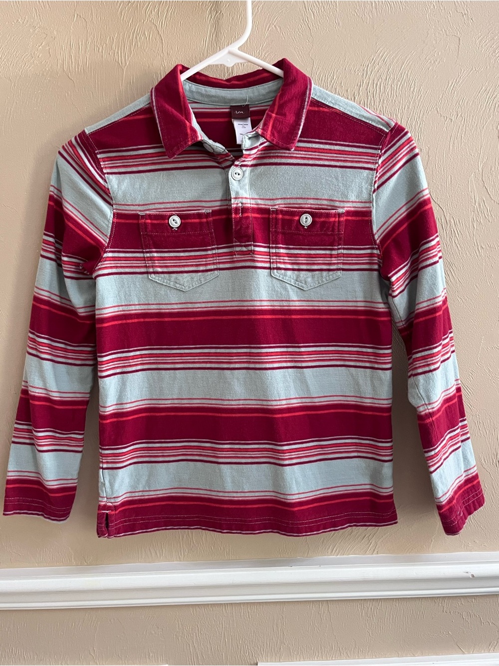 Tea Collection Long-Sleeve Striped Polo in Red and Light Gray
